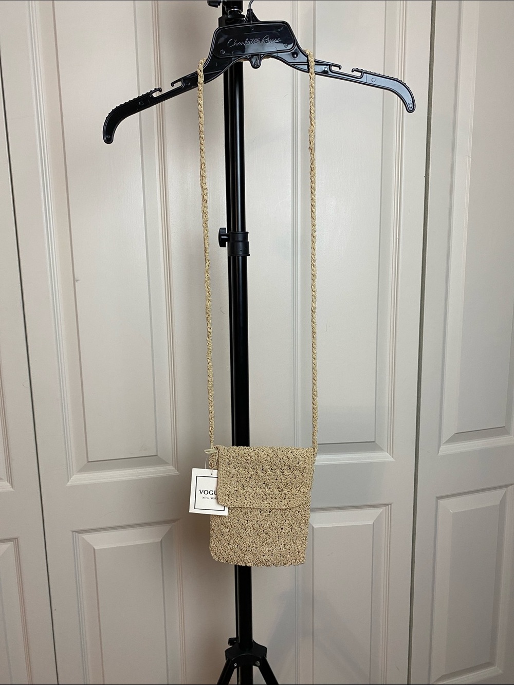 Vogue Crochet Crossbody Bag in Beige with Braided Strap